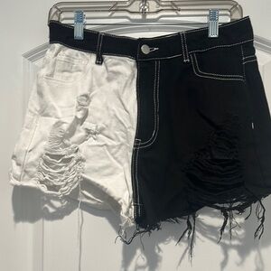 SHEIN Black and White Jean Shorts with Distressed Design